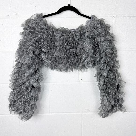 Kikiriki Metallic Ruffle Mesh Crop Top Medium Gray Silver Long Sleeve Dolls Kill - Picture 2 of 7